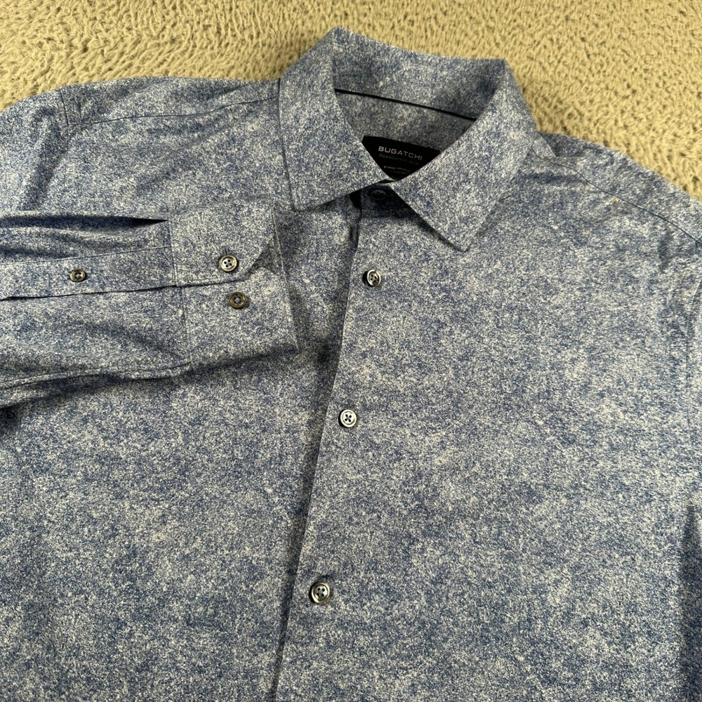 Bugatchi Shirt Mens L Blue Speckled OoohCottonTech 8Way Stretch Long Sleeve